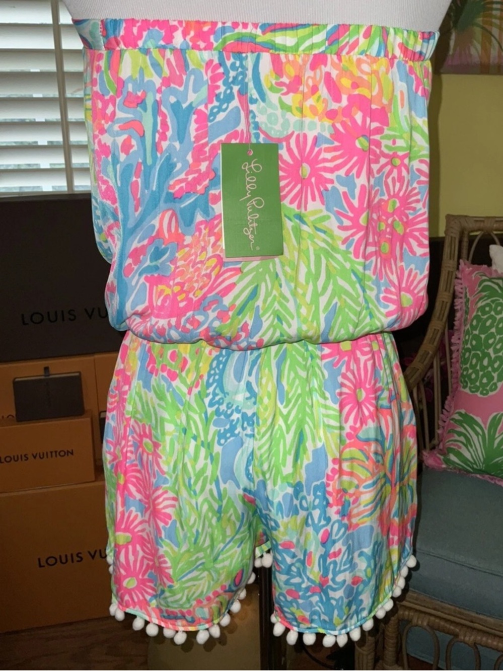 Lilly Pulitzer NWT Daisy Romper Seaspray Blue Lovers Coral Size S Unicorn 🦄 - Picture 11 of 16